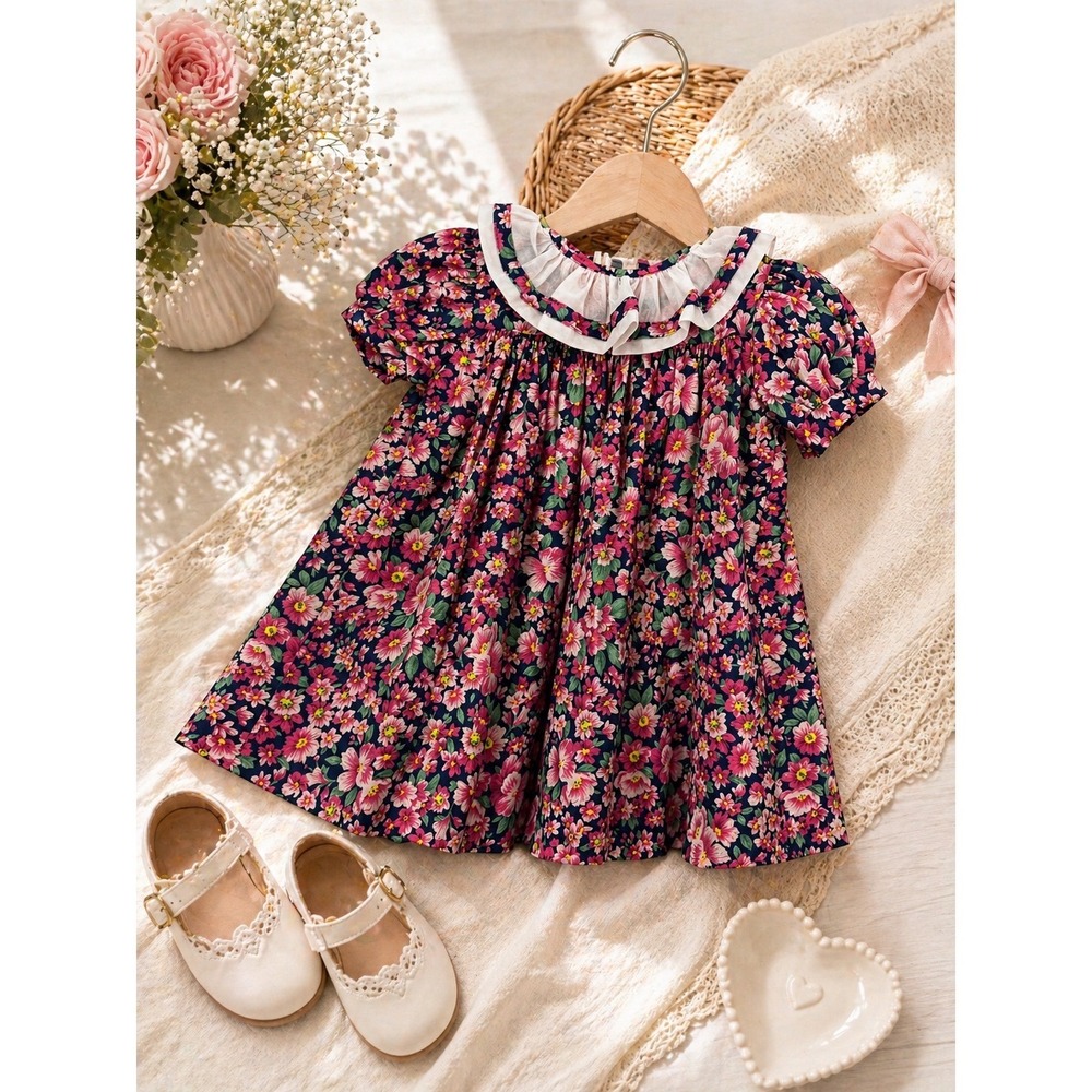 Kellys Kids Vintage Floral Dress Pink Blue Ruffle Collar Made in USA Size 1 90's